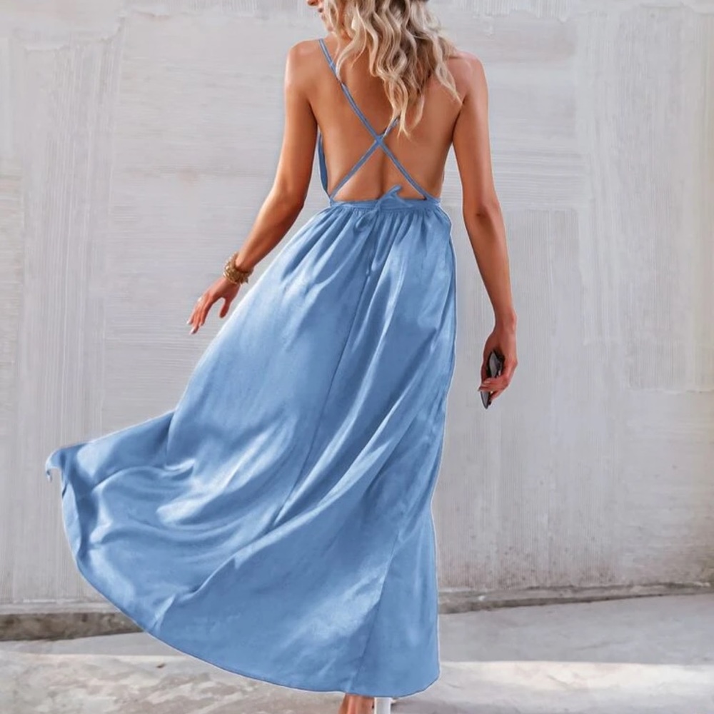 Satin v neck cami strap criss cross backless maxi dress thigh slit dark green - Picture 9 of 16